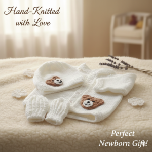 Handmade Baby Wool Knitted Winter Set | Sweater, Cap & Mittens | Newborn Outfit with Teddy Bear Design