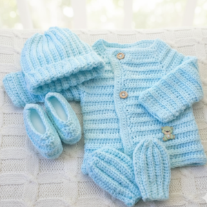 Handmade Sky Blue Knitted Baby Winter Set (5-Piece) – Sweater, Cap, Booties & Mittens |