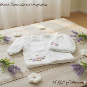 Hand-Embroidered Baby Sweater & Cap Set – Soft Knitted Newborn Winter Outfit | Premium Woolen Baby Clothing Gift Set (0–6 Months)
