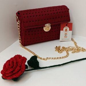 Handmade Maroon Bag with Gold Chain – Elegant Handwoven Shoulder Purse for Women