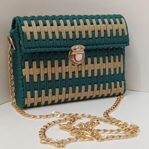 Handmade Green & Beige Crossbody Bag with Gold Chain – Elegant Handwoven Shoulder Purse for Women